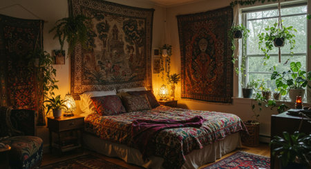 Interior of a bedroom with a large bed and colorful pillowsの素材