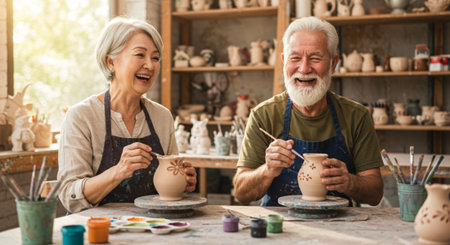 Portrait of happy senior couple making ceramic pot in pottery workshopの素材