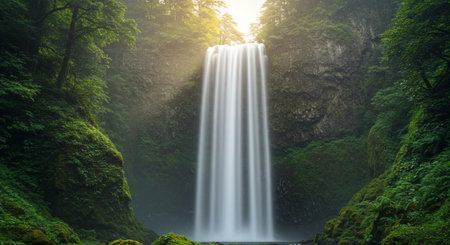 Beautiful waterfall in a green forest at sunset. Long exposure.の素材
