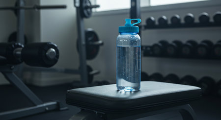 Sports bottle with water on the table in the gym. Close upの素材