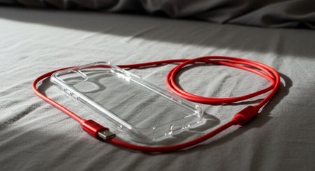 Red heart-shaped blood bag on the bed. Medical equipment.の素材