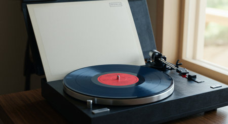 Retro turntable with vinyl record on wooden table in roomの素材