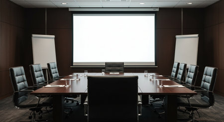 Interior of modern conference room with white screen on the wall.の素材