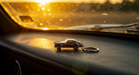 Car keys on the steering wheel of a car. Selective focus.の素材