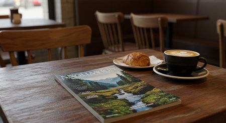 Coffee and croissant on wooden table in coffee shopの素材
