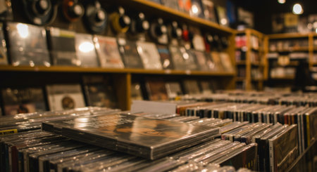 Vinyl records on shelf in music shop, vintage toned.の素材