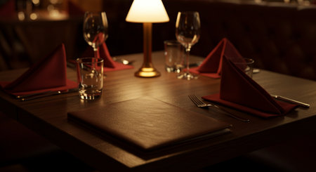 Restaurant table setting with red napkins and cutleryの素材