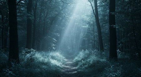 Dark forest with fog and sunbeams. Dark moody imageの素材