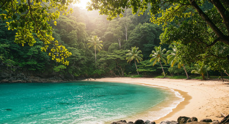 Tropical beach with coconut palm trees and turquoise waterの素材