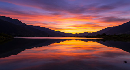 Sunset on a lake in the Pyrenees, Spain.の素材