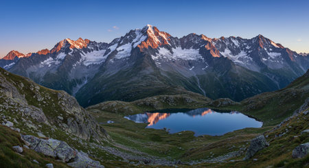 Panoramic view of the mountain lake at sunset in the Alpsの素材