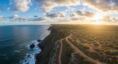 Aerial view of the cliffs of Cabo da Roca at sunset, Portugalの素材