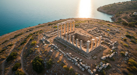 Aerial view of the Temple of Poseidon at sunset, Rhodes, Greeceの素材