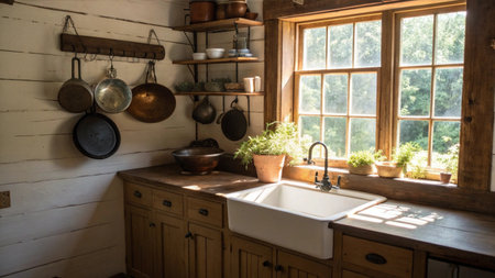 Interior of rustic wooden kitchen with sink and utensilsの素材
