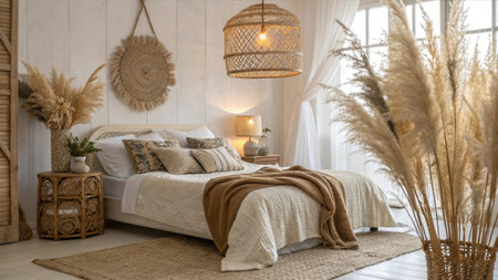 luxury bedroom in a rustic style with white walls, large windows and wooden floorの素材