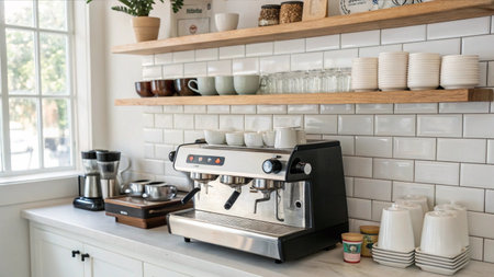 Coffee machine on a white countertop in a modern kitchenの素材