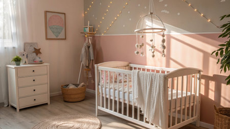 Interior of a baby room with a cot and a bedの素材