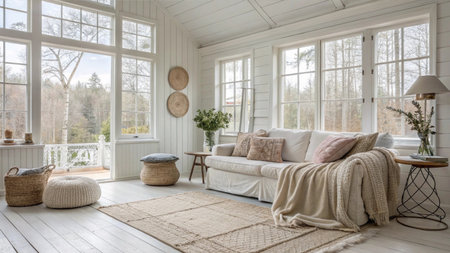 Cozy living room in country house with white walls and wooden floorの素材