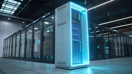 3d rendering server room with blue lights and data center on backgroundの素材