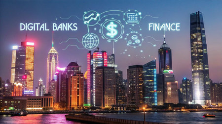 DIGITAL MARKETING CONCEPT over panorama cityscape of shanghai at nightの素材