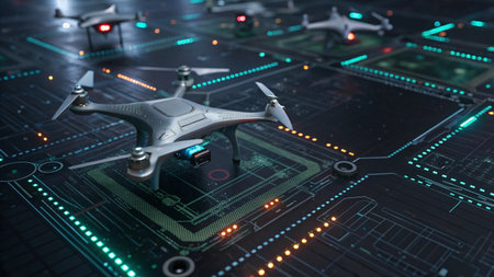 3D render of a drone on the background of a circuit boardの素材