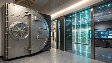3d rendering of a bank vault in a modern office building.の素材