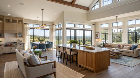 Interior of a modern living room with a kitchen and dining areaの素材
