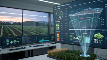 Futuristic holographic screen against blurry field of growing plants in greenhouseの素材