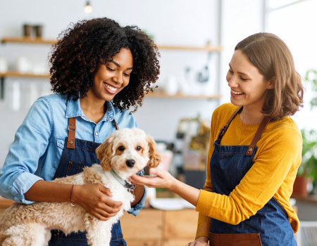 happy african american woman with dog in pet shop, pet careの素材