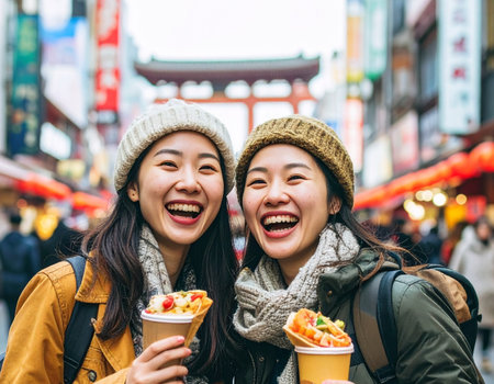 Happy asian women traveling and eating ice cream at Dotonbori street in Osaka, Japanの素材