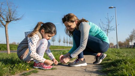 Mother and daughter tying shoelaces on a footpath in a parkの素材