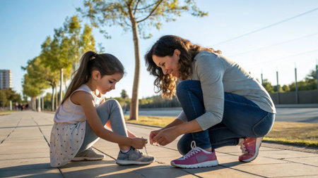 Mother and daughter tying shoelaces on their sneakers on a sunny dayの素材