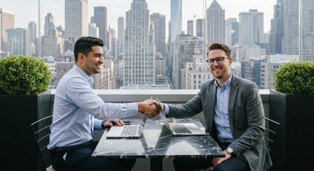 Business people shaking hands, finishing up a meeting. Successful business people shaking hands, finishing up a meeting.の素材