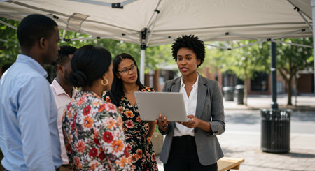 Group of business people using digital tablet outdoors. Multiethnic group of business people using digital tablet outdoors.の素材