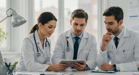group of doctors using digital tablet and discussing something while sitting at table in clinicの素材