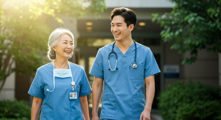 asian male nurse and senior doctor walking in the hospital with a smileの素材