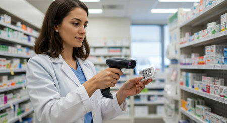 Portrait of a pharmacist using a contactless payment terminal in a pharmacyの素材