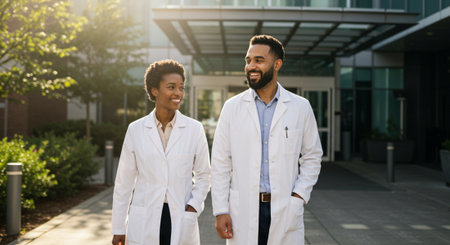 Two smiling doctors walking in the city. Smiling african american man and caucasian woman in white coats. Medicine conceptの素材