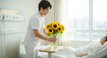 Asian male nurse giving a bouquet of sunflowers to a patient in the hospitalの素材