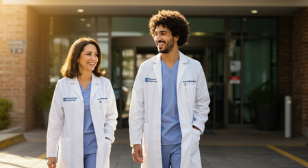 Portrait of two smiling doctors walking outside hospital building. Healthcare and medical staff service.の素材