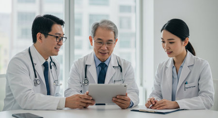 asian doctor and senior patient discussing something while sitting at the table.の素材