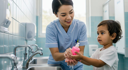 Mother and daughter washing their hands together in the bathroom. Mom and daughter wash their hands.の素材