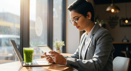 side view of businesswoman in eyeglasses using smartphone in cafeの素材