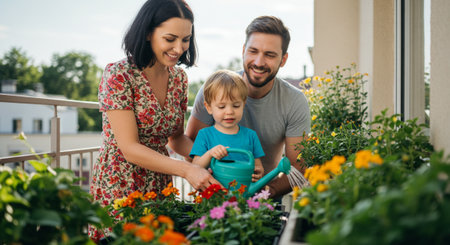 happy family watering flowers in pots on terrace of house at homeの素材