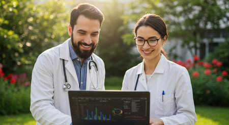 Portrait of a smiling young doctor and his female colleague discussing something while standing in the gardenの素材