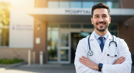 smiling male doctor with stethoscope standing in front of clinicの素材