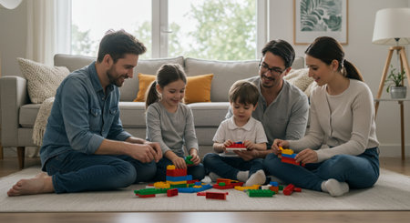 Happy family playing together at home. Mother, father and children playing together.の素材