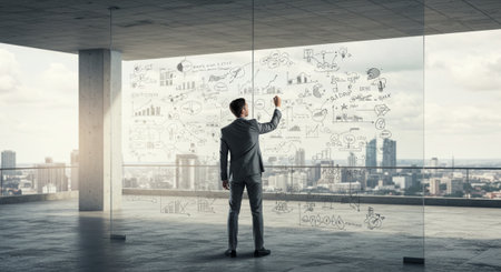 Businessman standing with back and drawing business strategy plan on glass wallの素材