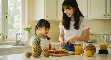 Happy asian family having fun in the kitchen. Mother and daughter are preparing fresh fruit juice.の素材