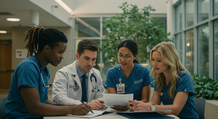 Group of multiethnic doctors and nurses working together in a hospitalの素材